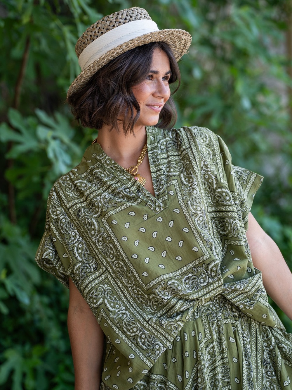 NWT Yolly Olive Green Bandana Print Short Sleeve Top Made In Italy OS